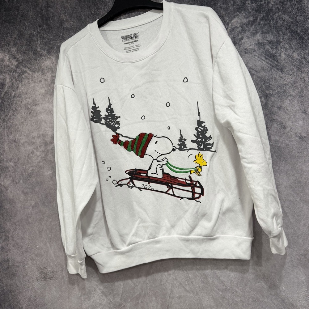 Peanuts Snoopy Woodstock Christmas Sled Sweatshirt Women XL 16-18 White Holiday